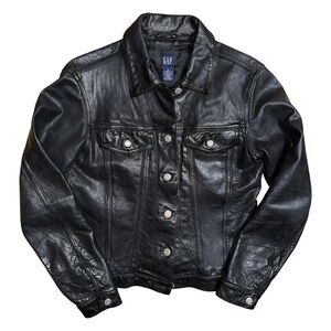 Vintage GAP Y2K Black Leather Trucker Jacket Women’s size S